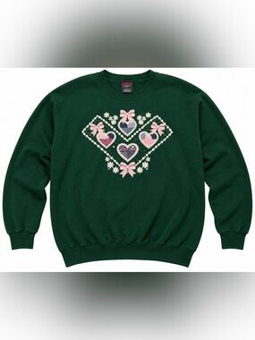 Vintage Garment Graphics Women’s XL Green Patchwork Heart Bow Sweatshirt USA